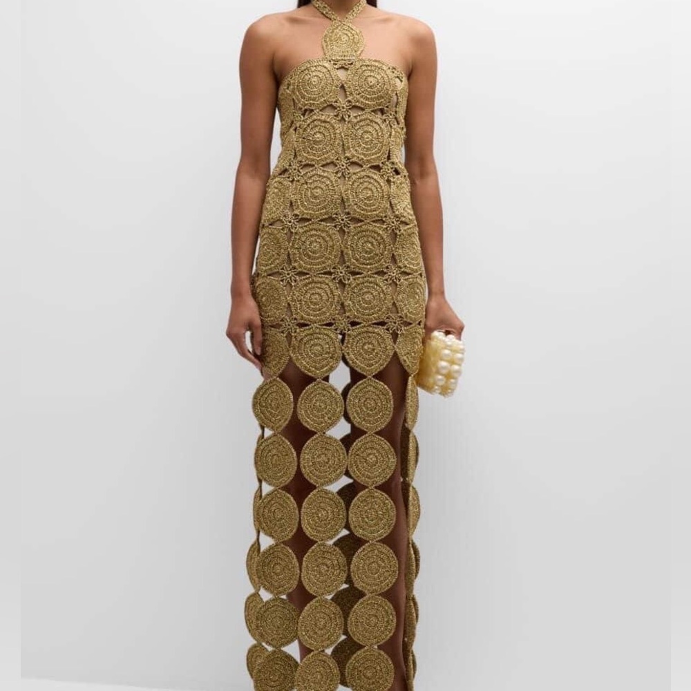 Gold Crochet Halter Maxi Dress